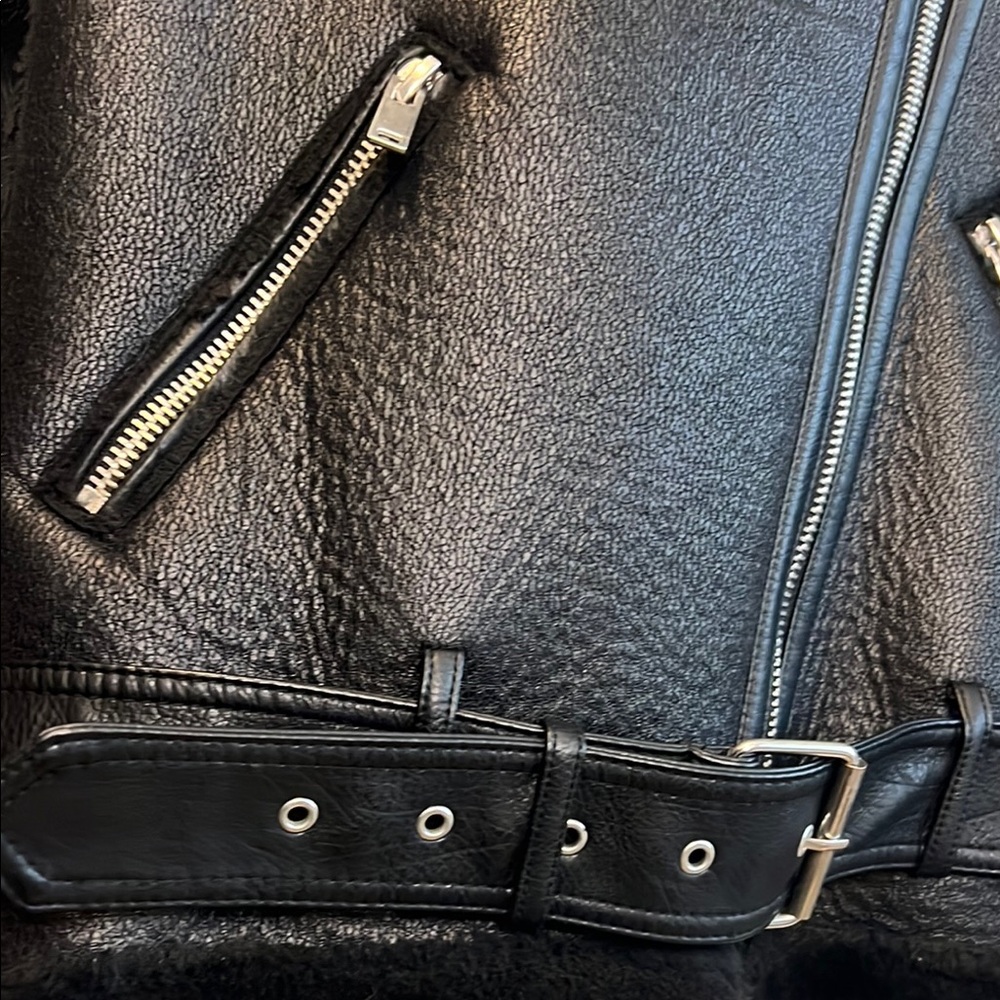 Zara Black Faux Leather Double Faced Biker Jacket with Plush Shearling Fur Trim - Picture 8 of 12